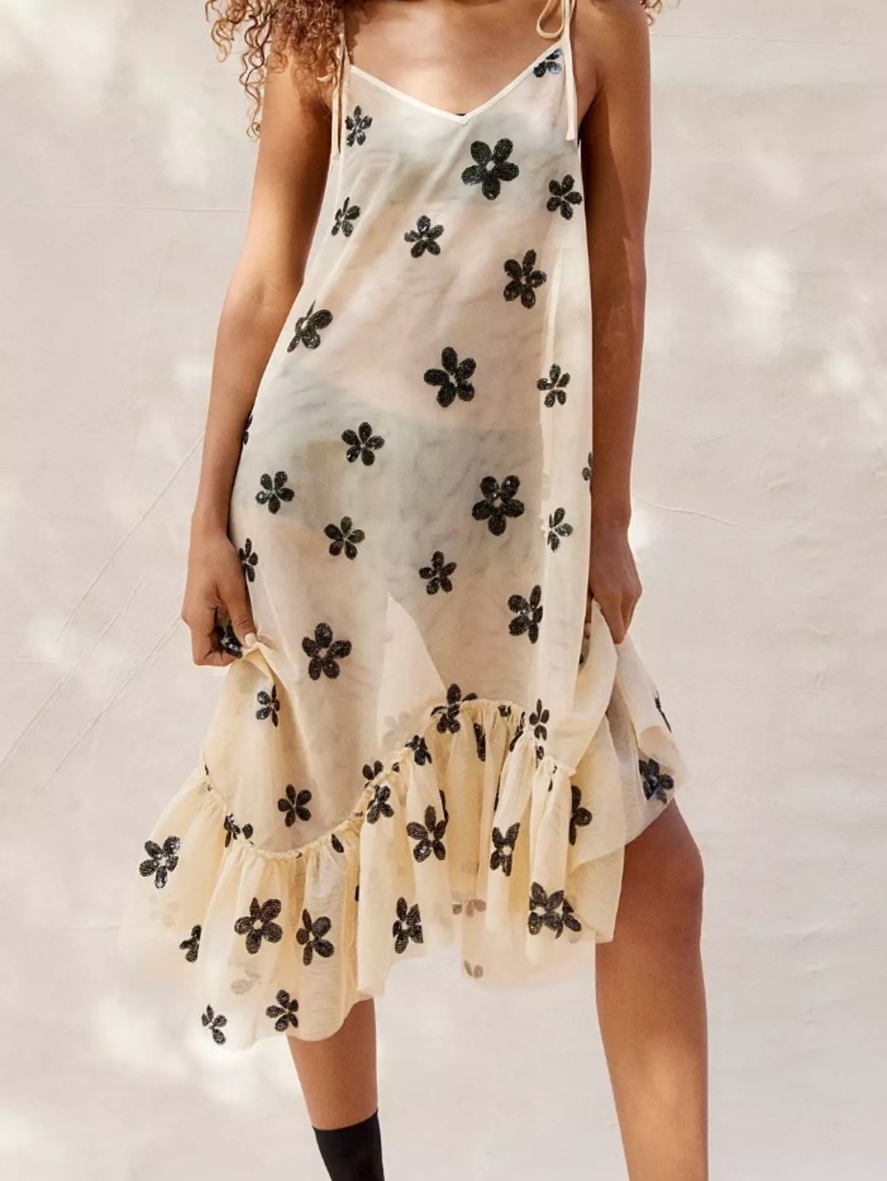 Urban Outfitters Sheer Floral Slip Dress in Cream with Black Appliqué